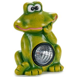 Tuinbeeld Solar lamp kikker - keramiek - 19 x 28 cm - groen - Lichtgevende dieren beeldjes