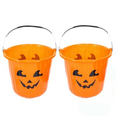 Henbrandt Pompoen snoepemmer - 2x - oranje - 16 x 18 cm - kunststof - handvat - Halloween