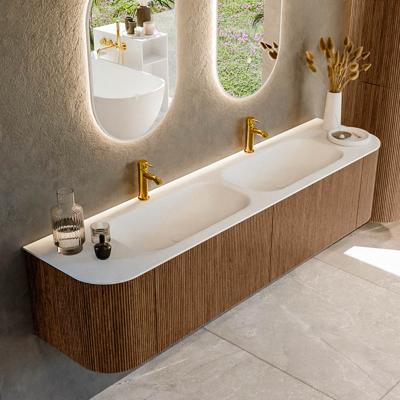 Mondiaz KURVE 190 cm Onderkast Greeploos 2 Lades Met Deuren Walnut, Wastafel Solid Surface Dubbel Talc 2 Kraangaten Zonder Spiegel (KRVBGS190L+R2L2D2KD-Wal/Tal)