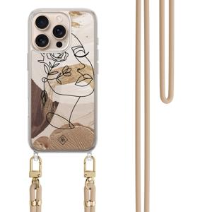 iPhone 16 Pro hoesje met beige koord - Abstract gezicht bruin