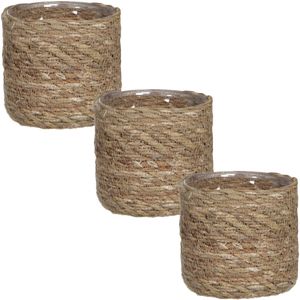 3x stuks naturel bruin rotan planten pot mand van gedraaid jute/riet H12 en D12 cm