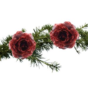 2x stuks kerstboom decoratie bloemen op clip rood 14 cm