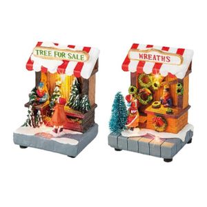 Set van 2x stuks Kerstdorp kerstbomen winkeltje en kransen winkeltje met verlichting 11 cm - Kerstdorpen