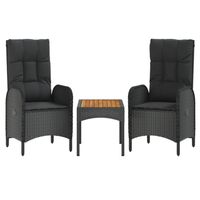 vidaXL 3-delige Loungeset met kussens poly rattan zwart - thumbnail