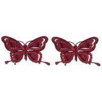 2x Kerstversieringen vlinder op clip glitter bordeaux rood 14 cm   - - thumbnail