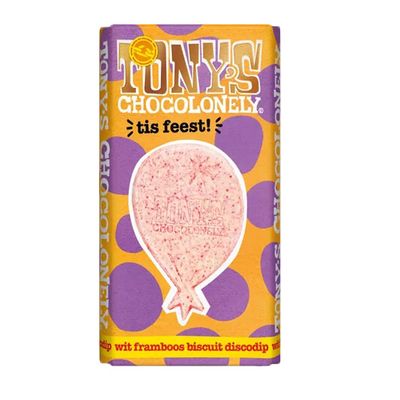 Tony&apos;s Chocolonely - Gifting bar: Tis feest! (wit framboos biscuit discodip) - 180g
