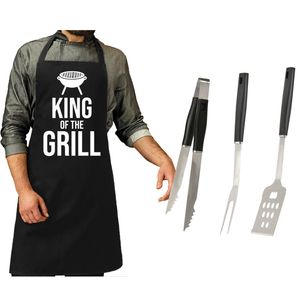 BBQ/barbecue gereedschap set 3-delig RVS met zwart schort King of the grill