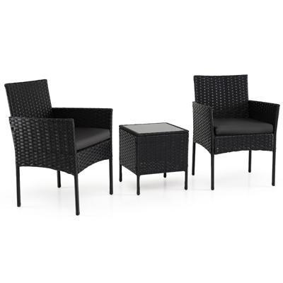 3-Delige Tuinset met Tafel en 2 Comfortabele Stoelen van Gehard Glas Afneembare Kussens Metalen Frame-Zwart