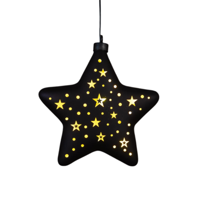 Kersthanger ster glas gouden binnenkant met sterren 10led warm wit op batterij met timer 19 cm zwart/goud - Annas collection