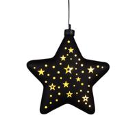 Kersthanger ster glas gouden binnenkant met sterren 10led warm wit op batterij met timer 19 cm zwart/goud - Annas collection