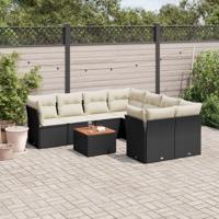 9-delige Loungeset met kussens poly rattan zwart