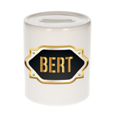Spaarpot met voornaam Bert - wit - goud/zwart embleem - 8 x 9 cm - keramiek - afsluitdop