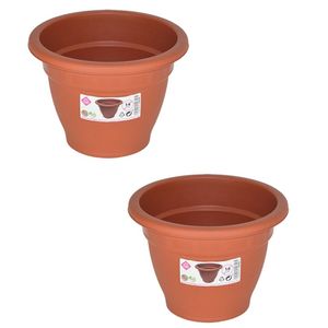 Set van 4x stuks terra cotta kleur ronde plantenpot/bloempot kunststof diameter 14 cm