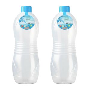 Drinkfles/waterfles/bidon - 2x stuks - 1500 ml - transparant/blauwe dop - kunststof