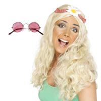 Hippie Sixties Flower Power verkleedset dames - Pruik blond - bril ronde glazen roze - thumbnail