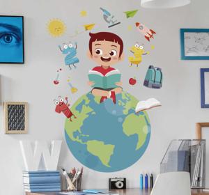 Vliegen door de wereld educatieve muurzelfklevende sticker