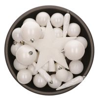 Set van 33x stuks kunststof kerstballen met ster piek wit mix - thumbnail
