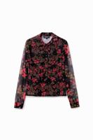 Gebloemde en gerimpelde tulen blouse - RED - XXL