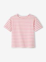 Gestreept meisjes-T-shirt met korte mouwen roze, gestreept