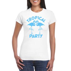 Tropical party T-shirt voor dames - met glitters - wit/blauw - carnaval/themafeest