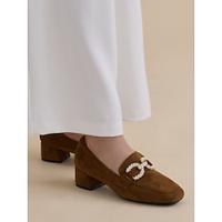 Bruine suède damesloafers met lage hak en parelstrikdetail - perfect voor casual en kantoorkleding Lightinthebox