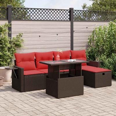 6-delige Loungeset met kussens poly rattan acacia zwart