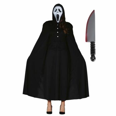 Carnaval Halloween verkleedkleding set - Scream masker - Cape met capuchon zwart - Groot mes 40 cm