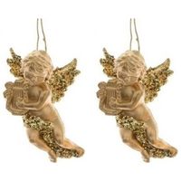 2x Kerst hangdecoratie gouden engeltjes met harp muziekinstrument 10 cm   -