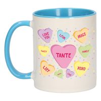 Cadeau koffiemok voor tante - hartjes snoepjes - blauw - verjaardag kado - mok met tekst