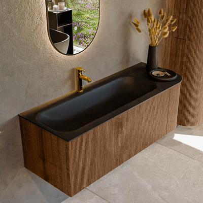 Mondiaz KURVE 125 cm Onderkast Greeploos 1 Lade Met Deuren Walnut, Wastafel Solid Surface Links Urban 1 Kraangat Zonder Spiegel (KRVBGM125R1L1D1KL-Wal/Urb)