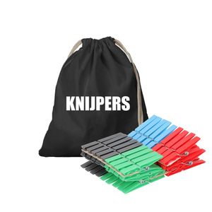 Canvas knijperzak/ opbergzakje knijpers zwart met koord 25 x 30 cm en 72 plastic wasknijpers