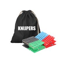 Canvas knijperzak/ opbergzakje knijpers zwart met koord 25 x 30 cm en 72 plastic wasknijpers
