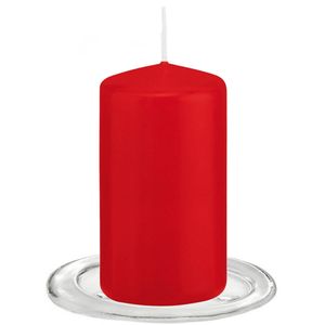 Trend Candles - Stompkaarsen met glazen onderzetters set van 2x stuks - rood 6 x 12 cm - Stompkaarsen