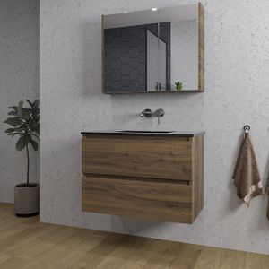 Adema Chaci Badkamermeubelset - 80x46x55cm - 1 keramische wasbak zwart - zonder kraangat - 2 lades - Spiegelkast - noten (hout) SW718697/SW773931/SW812067/SW812073