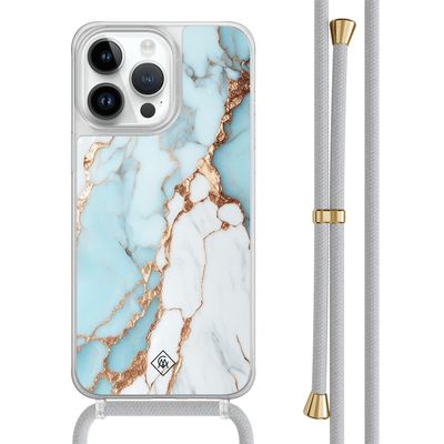 iPhone 14 Pro Max hoesje met grijs koord - Marmer lichtblauw