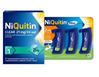 Niquitin Minizuigtabletten Mint 2.0mg + Clear Pleisters 21mg Stap 1 7ST Combi Niquitin Minizuigtabletten Mint 2.0mg + Clear Pleisters 21mg Stap 1 7ST Combi