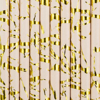 Drinkrietjes - papier - 10x - poederroze/goud - 19,5 cm - rietjes