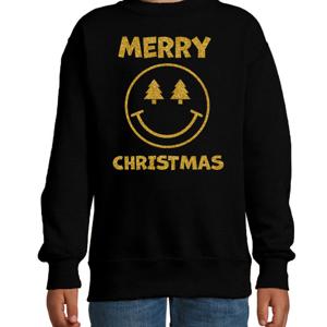 Kersttrui/sweater voor jongens/meisjes - Merry Christmas - zwart - Smile Emoticon - glitter goud