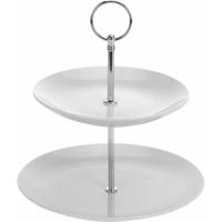 Excellent Houseware Etagère - porselein - 2-laags - zilverkleurig handvat - high tea