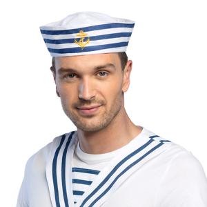 Carnaval verkleed Matroos/Matrozen hoedje - wit/blauw - voor volwassenen - Maritiem thema