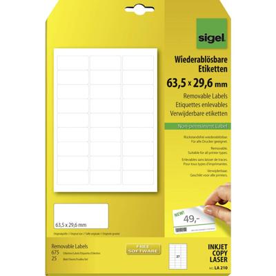 Sigel LA210 63.5 x 29.6 mm Papier Wit 675 stuk(s) Weer verwijderbaar Universele etiketten 25 vel DIN A4