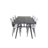 Sleek eethoek eetkamertafel uitschuifbare tafel lengte cm 195 / 280 zwart en 6 Polar Diamond eetkamerstal velours grijs.