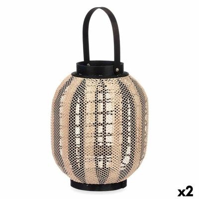 Kaarshouder Lantaarn Met handvat Beige Hout Stof 27 x 32 x 27 cm (2 Stuks)