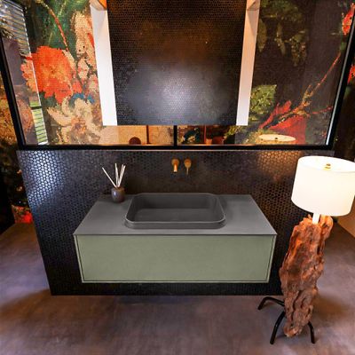 Badkamermeubelset Mondiaz Erin 100 cm met 1 Lade met RIDGE Wastafel Midden Dark grey Zonder Kraangaten Greeploos Mat Army