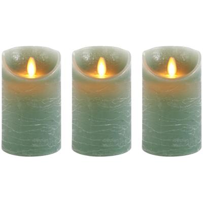 Led kaars/stompkaars - 3x - jade groen - H12,5 x D7,5 cm - wax - warm wit licht - bewegende vlam