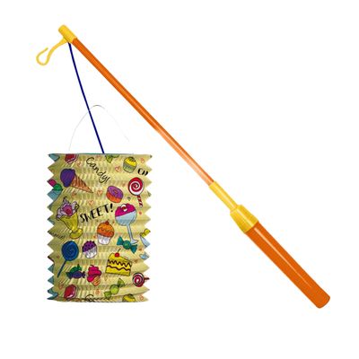 Trek lampion snoep - geel - H16 cm - papier - met lampionstokje - 43 cm