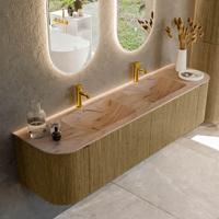 Badmeubel Mondiaz Kurve-Dlux | 180 cm | Meubelkleur Dusk | Wastafelkleur Arena | Solid surface | Wasbak beide zijden spoelbak | 2 kraangaten