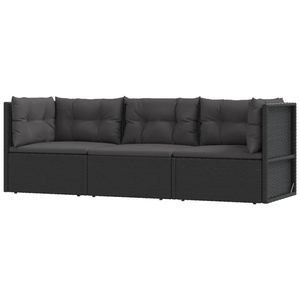 vidaXL 3-delige Loungeset met kussens poly rattan zwart