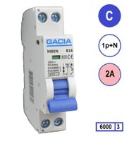 2A GACIA installatieautomaat M80N-C02 1p+n C2 6kA (18mm)