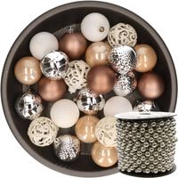 37x stuks kunststof kerstballen 6 cm wit/zilver/bruin incl. kralenslinger - Kerstbal